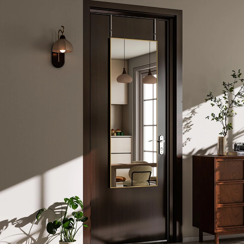 ZenoMirris Full-Length Mirror 122 x 35 cm Over the Door Hanging Mirror with Aluminium Frame Door Mirror for Bedroom Living Room Narrow Gold - Image 1