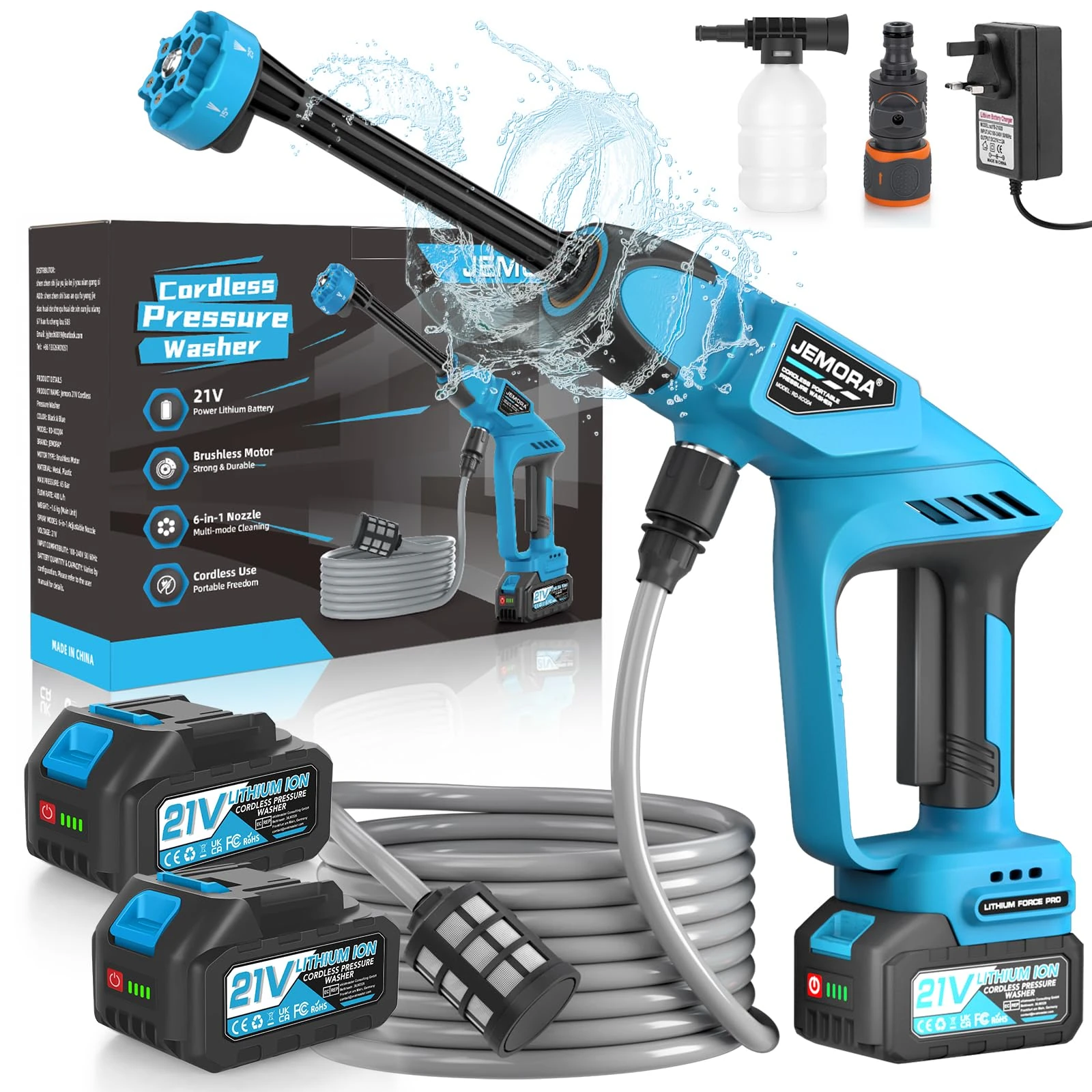 Cordless Pressure Washer, Portable Car Washer with 2 Batteries, 6 in 1 Portable Cordless Pressure Washers with 5M Hose for Car/Floor/Garden Cleaning & Watering (Blue)