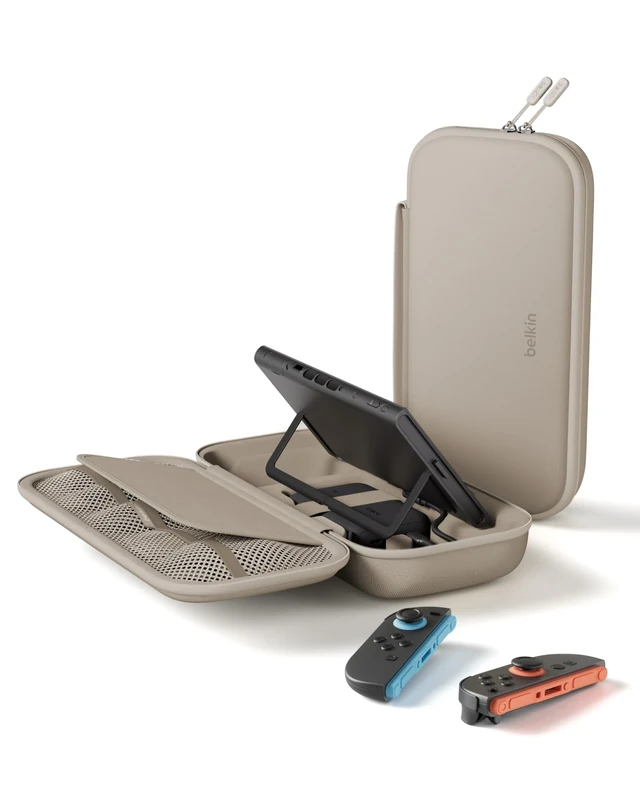 Belkin Gaming Charger Case Compatible with Nintendo Switch 2, with Removable 10,000mAh Power Bank, LCD Display, 30W Fast Charging, Charger with Holder for AirTag & Games - Sand