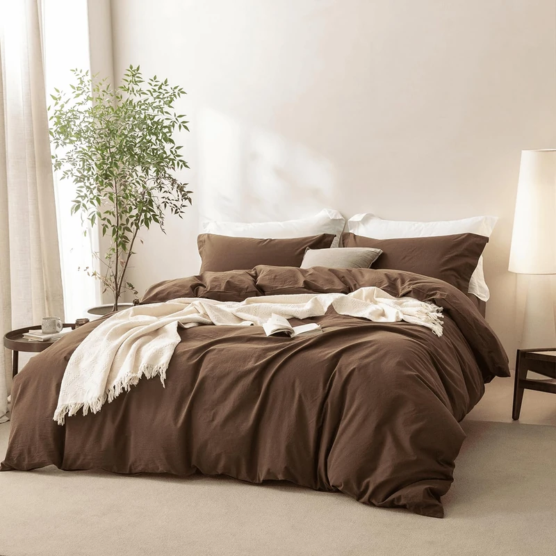 BDEAR Linen Feel Cocoa Brown Duvet Cover Full Size 90'' L x 80'' W, 100% Washed Cotton Duver Cover with Zipper Closure Plus 2 Pillowcases, Oeko TEX Standard Certificated