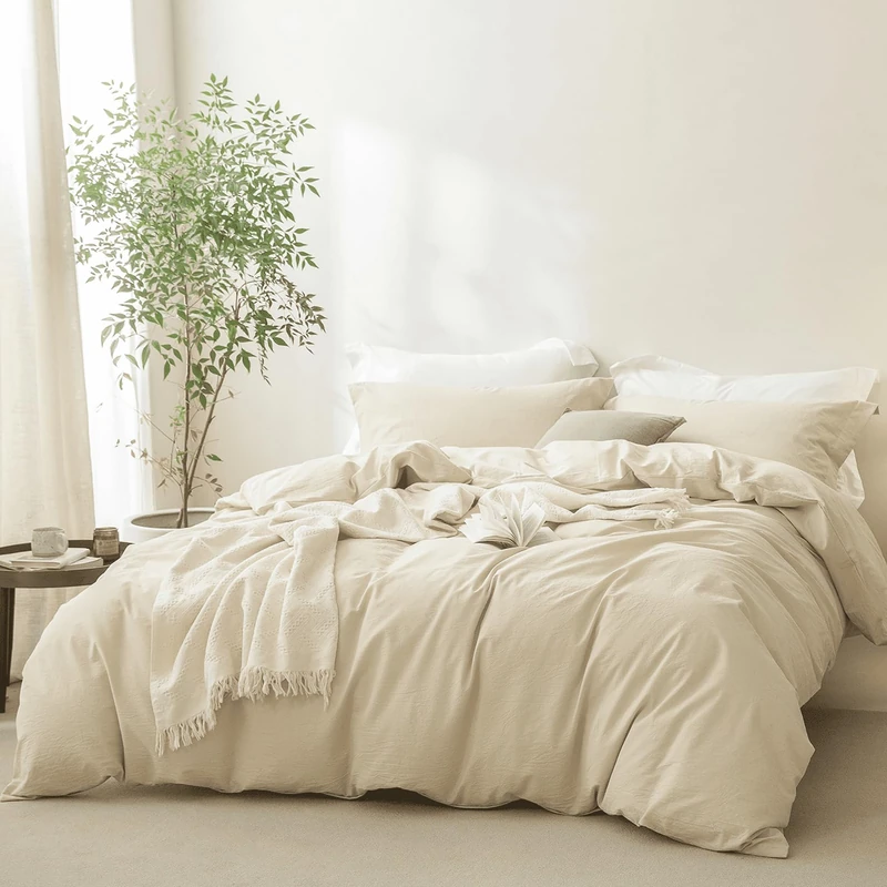 BDEAR Linen Feel Almond Milk Grey Duvet Cover Full Size 90'' L x 80'' W, 100% Washed Cotton Duver Cover with Zipper Closure Plus 2 Pillowcases, Oeko TEX Standard Certificated
