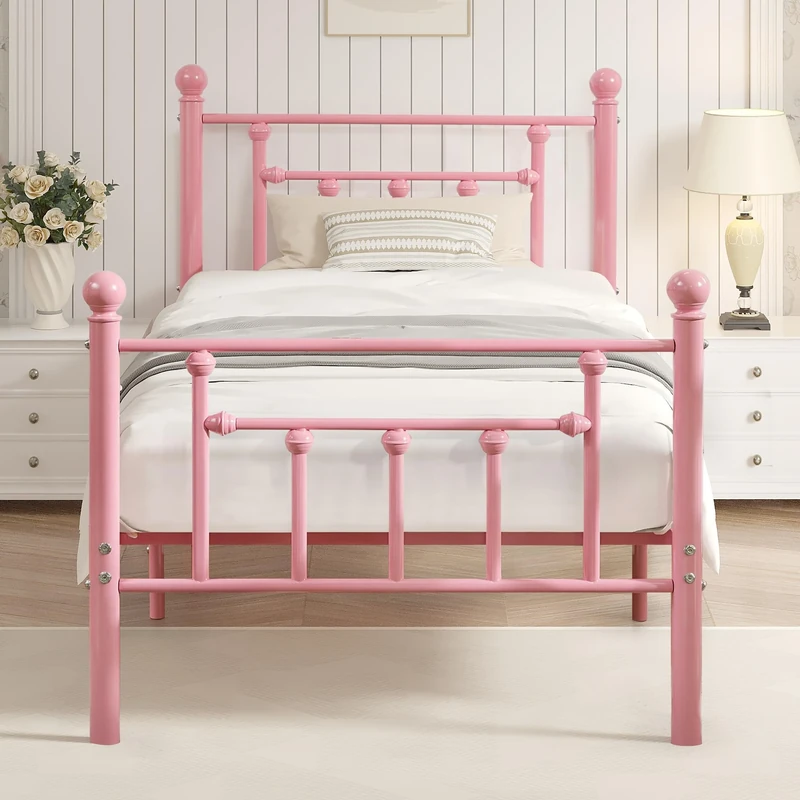 VECELO 3ft Single Bed Frame, Metal Platform with Victorian Style Headboard, Heavy Duty Steel Slat Support, No Box Spring Needed Mattress Foundation, Underbed Storage Space, Easy Assemble