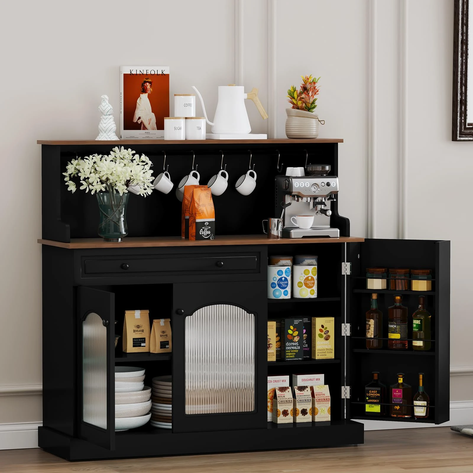 HOLTICO Kitchen Pantry Cupboard, Kitchen Microwave Cabinet with Drawer and Top Shelf, Coffee Station Cabinet Black Storage Sideboards for Living Room, Dining Room