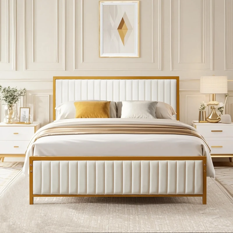 VECELO Double Bed Frame with Upholstered Linen Headboard and Footboard, Heavy-Duty Platform with Strong Metal Slats, No Box Spring Needed, Easy Assembly, Beige