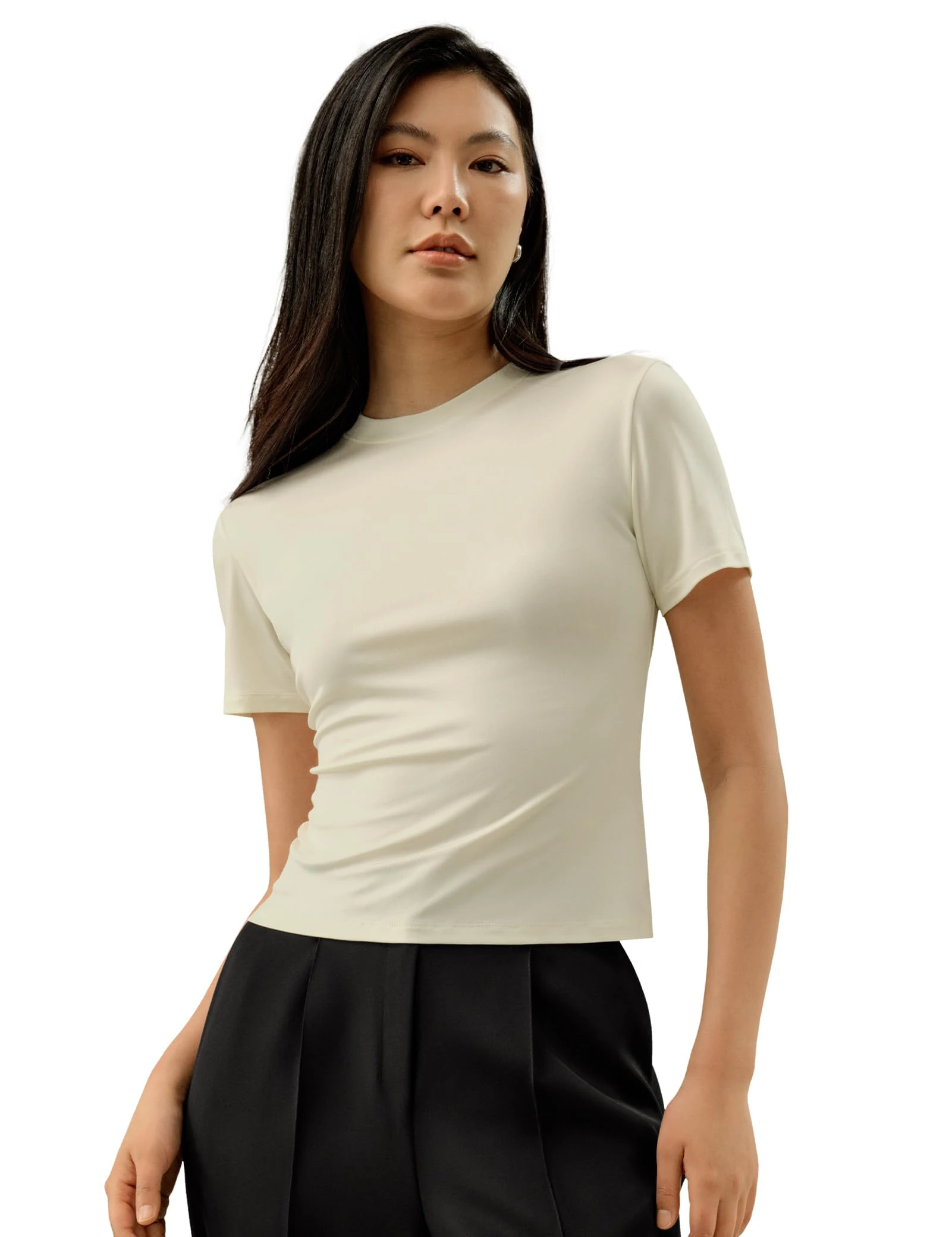 LilySilk 100% Silk Jersey Tee Slim Fit Crew Neck Short Sleeves Cropped T Shirt Casual Solid Tops M, Lily White
