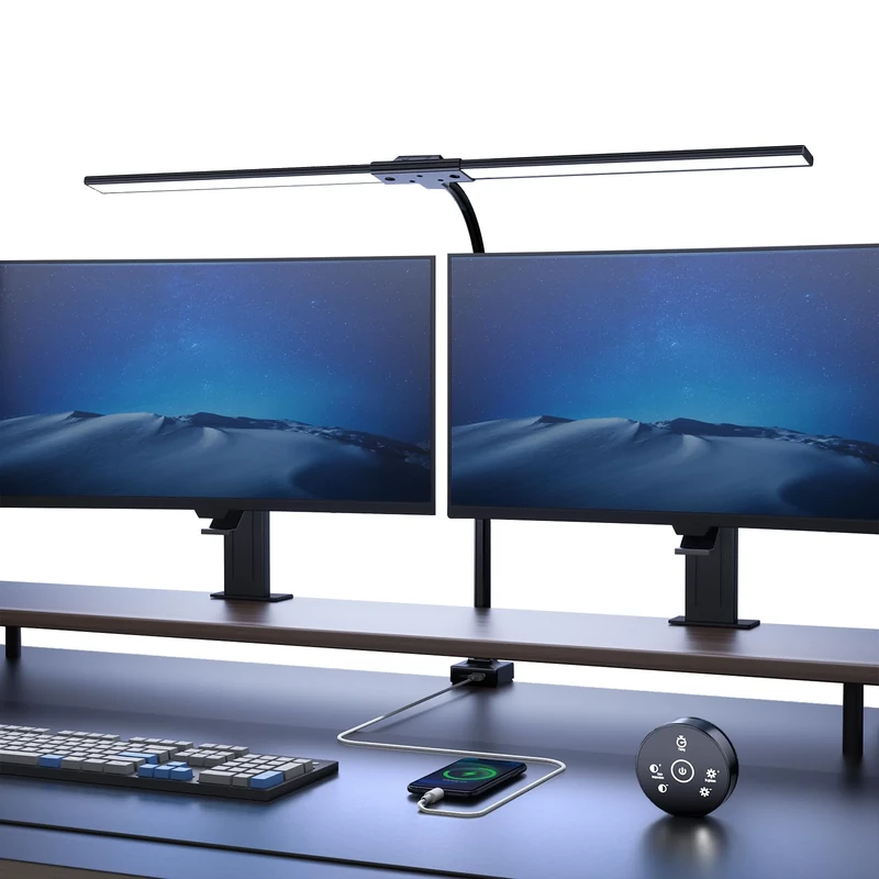 YICAIZI Desk Lamp 24W with Remote Control - 1500LM 80CM LED Desk Adjustable Flexible Light Reading Lamp with Clamp USB Charging Port for Study & Office (Jet Black)