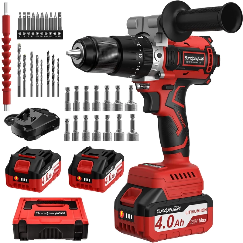 SundpeyPRO 120Nm Cordless Hammer Drill - 21V Brushless Impact Drill with 2 x 4.0Ah Battery - 20+3 Torque Electric Power Drills with 1/2 Inch Self-locking Metal Chuck & Bit Set & Desktop Charger & Case