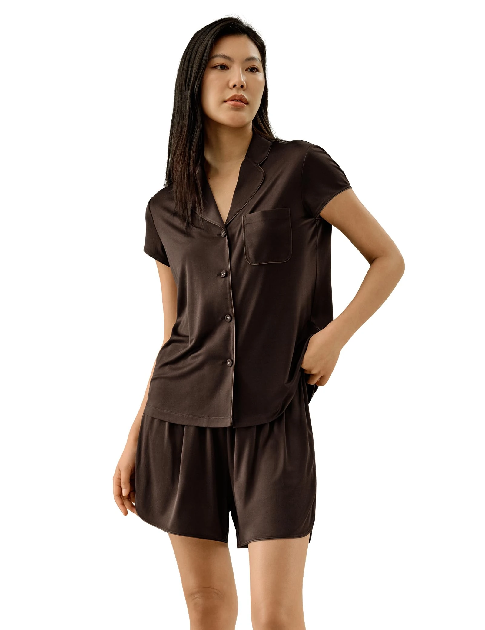 LilySilk Pure 100% Silk Jersey Short Pajamas Set for Women Summer Silk Knit Sleepwear Cool(Cocoa Brown,XXL)