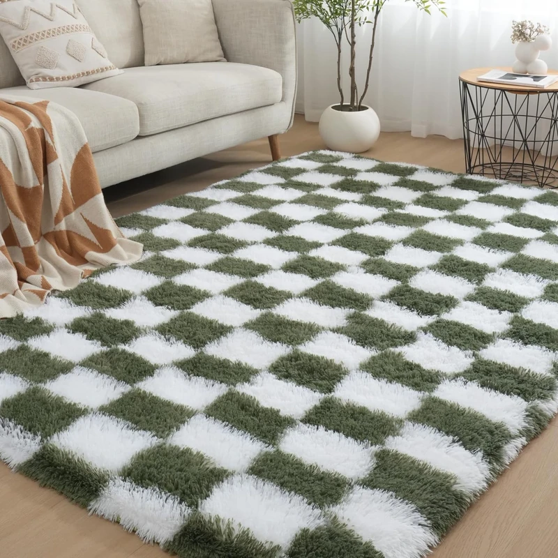 Gsogcax Checkered Rugs Living Room 6.56'x9.84' Super Soft Fluffy Area Rugs for Bedroom Shaggy Anti-Skid Comfortable Large Rugs Indoor Modern Home Decor Floor Carpet - Green & White 200x300