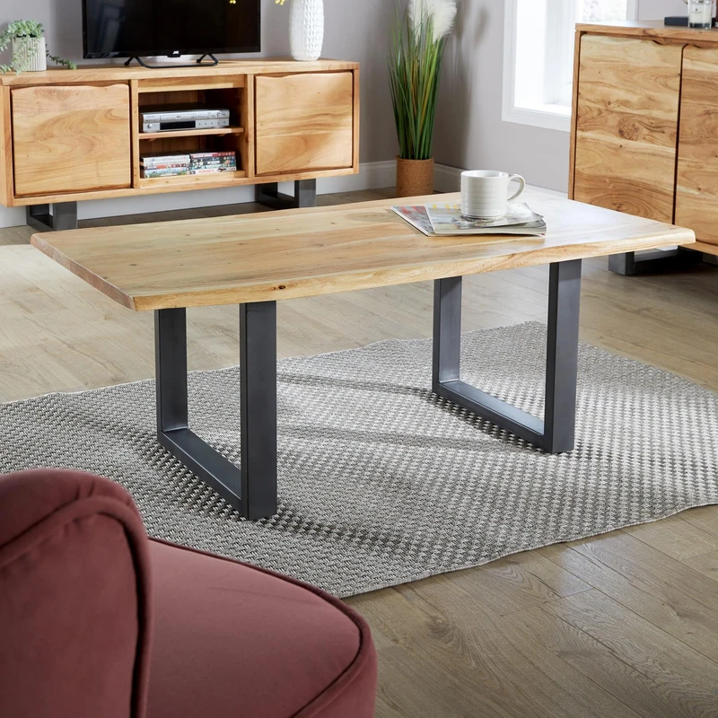 Home Source Solid Acacia Wood Coffee Table U Shape Iron Legs for Excellent Support Smooth Surface