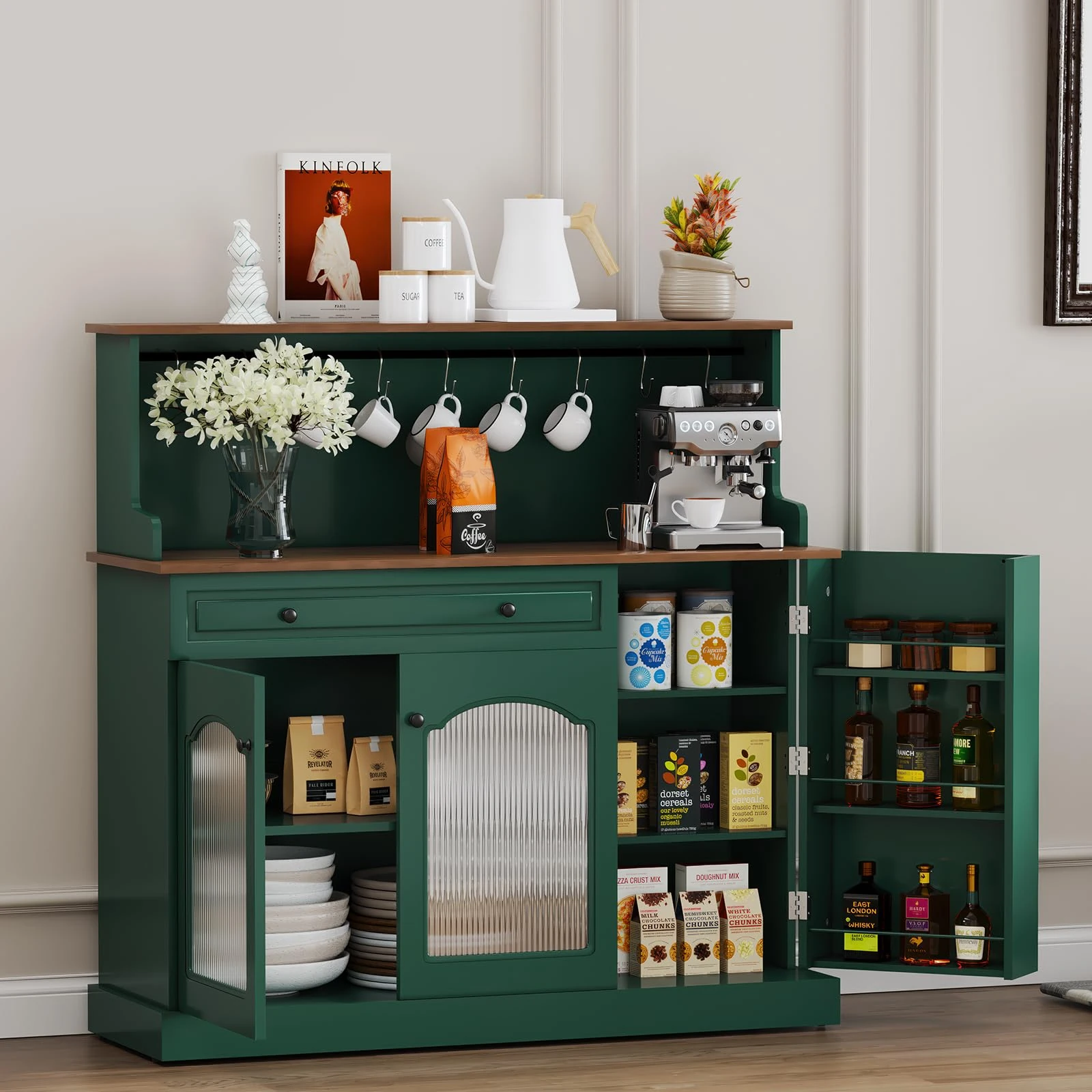 HOLTICO Kitchen Pantry Cupboard, Kitchen Microwave Cabinet with Drawer and Top Shelf, Coffee Station Cabinet Green Storage Sideboards for Living Room, Dining Room
