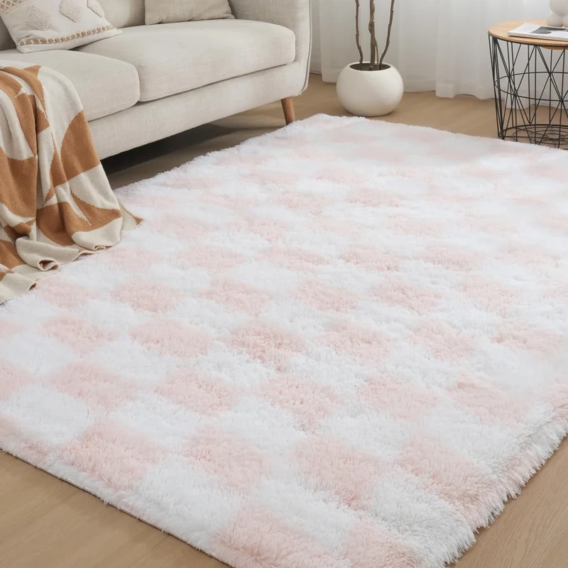 Gsogcax Checkered Rugs Living Room 6.56'x9.84' Super Soft Fluffy Area Rugs for Bedroom Shaggy Anti-Skid Comfortable Large Rugs Indoor Modern Home Decor Floor Carpet - Pink & White 200x300 - Image 1