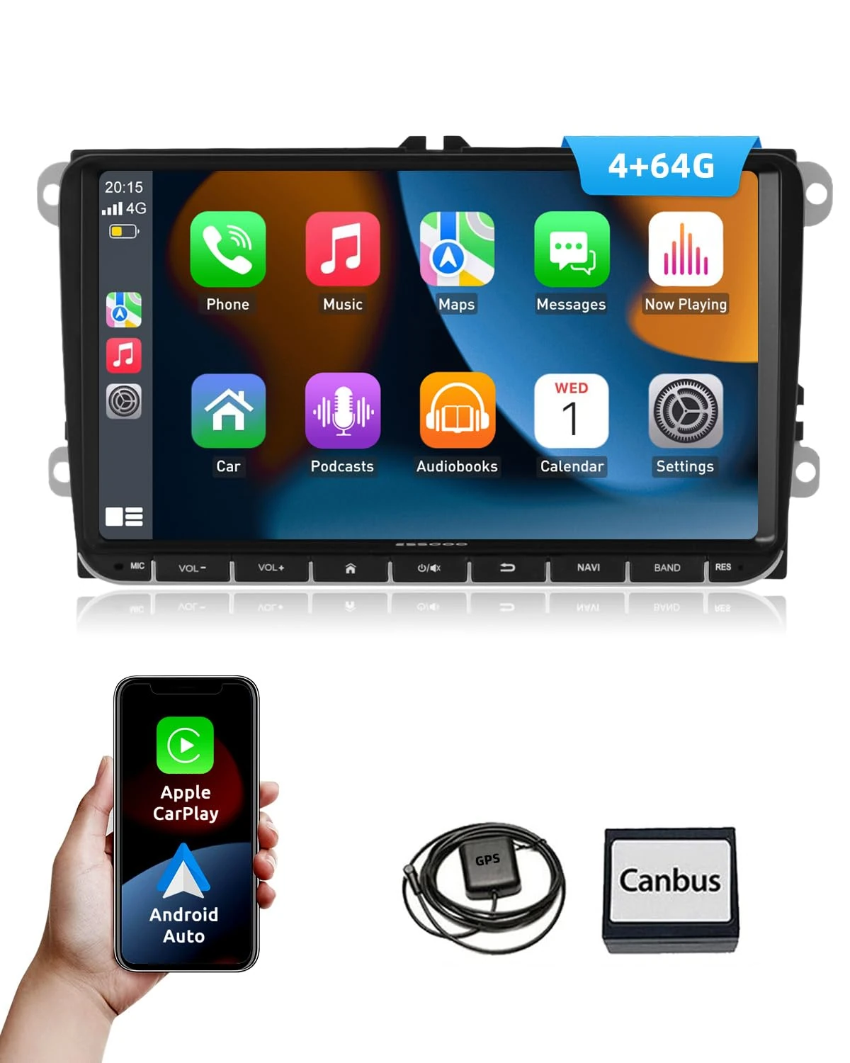 ESSGOO 4+64G Car Stereo with Wireless Carplay and Android Auto for VW Golf 5 6 Polo Passat Touran Skoda Seat, 2 Din 9 Inch Bluetooth Radio with Touchscreen FM GPS SWC WiFi