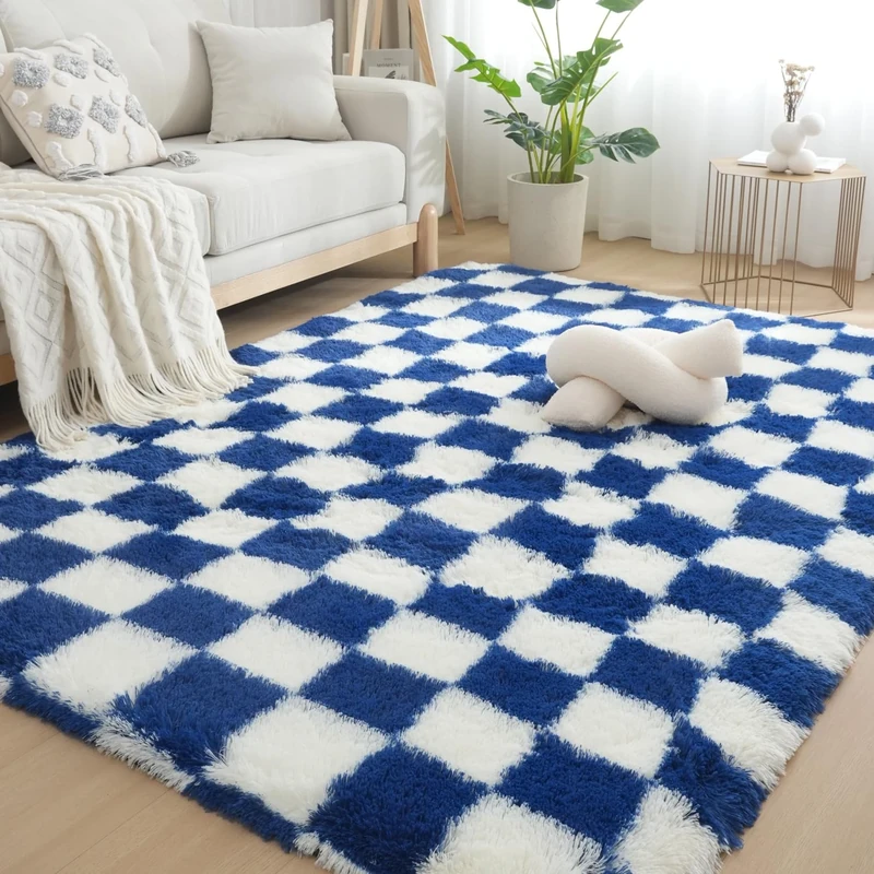 Gsogcax Checkered Rugs Living Room 6.56'x9.84' Super Soft Fluffy Area Rugs for Bedroom Shaggy Anti-Skid Comfortable Large Rugs Indoor Modern Home Decor Floor Carpet - Blue & White 200x300
