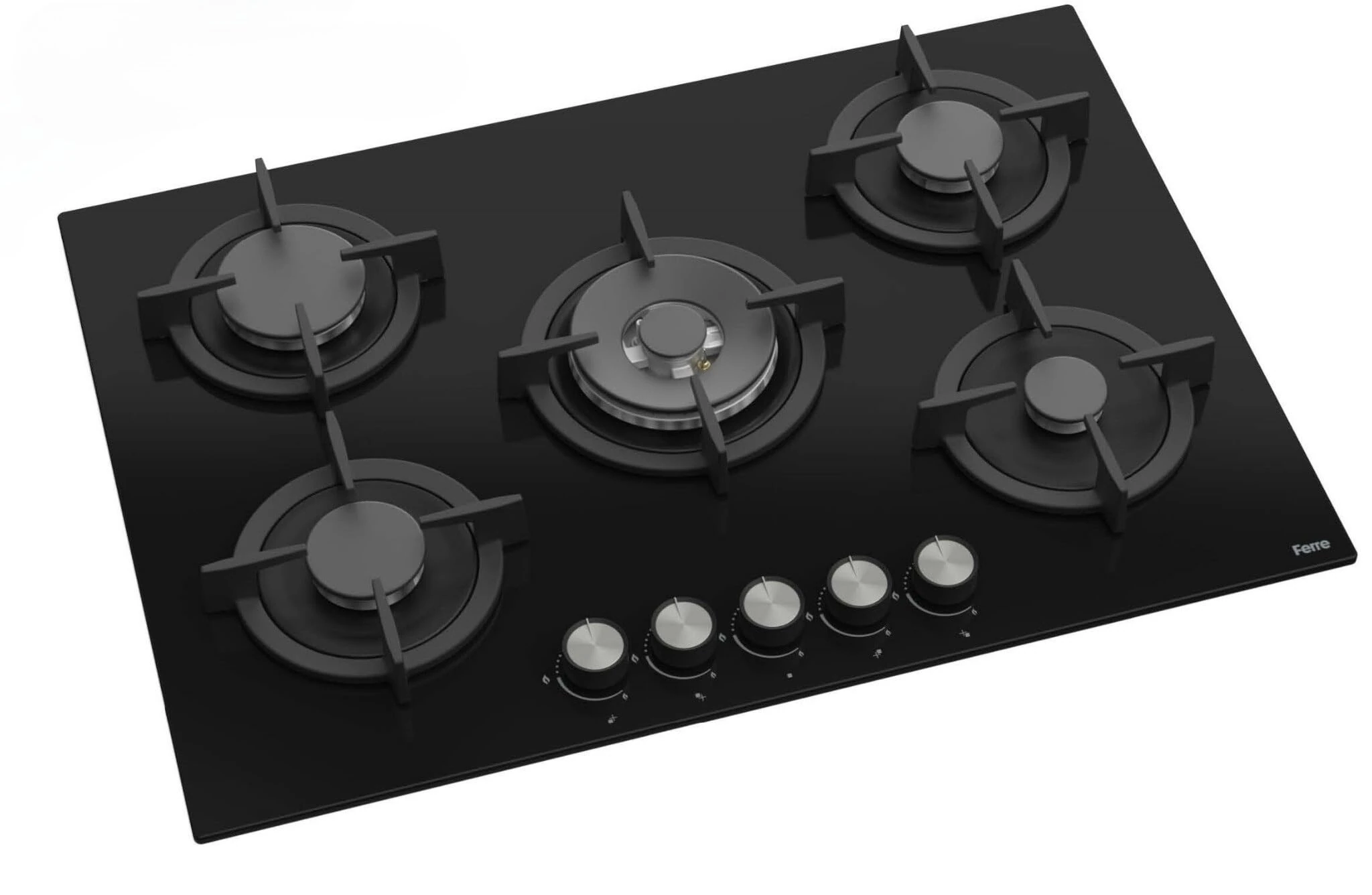 Ferre RC035-75cm Built-in Gas Hob - 5 Burners - Black Glass - Cast Iron Pan Supports