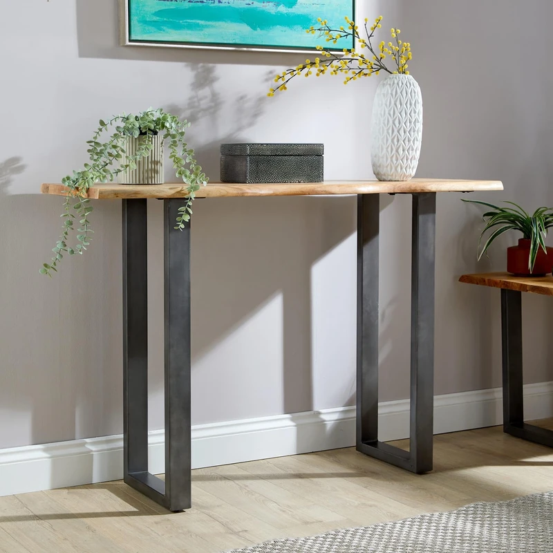 Home Source Solid Acacia Wood Console Table U-Shape Iron Legs for Excellent Support Smooth Surface