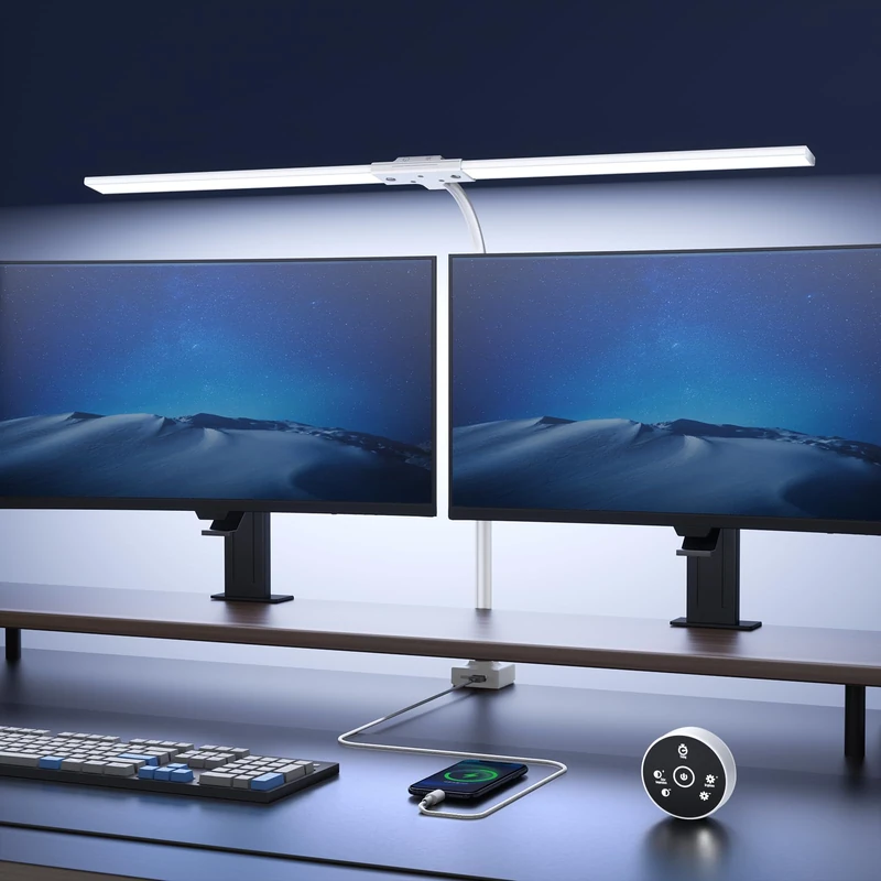 YICAIZI 24W LED Desk Lamp with Clamp - 1500LM 80CM Swan LED Reading Lamp with Remote Control, USB Charging Port for Home and Office, White