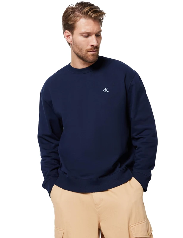 Calvin Klein Men's LS EU 350TERRY MONOGRAM CN SWTSH LV04RC296G Sweatshirts, Blue (Dark Sapphire), S