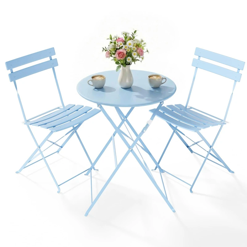 Clevich 3-Piece Folding Patio Bistro Set for Outdoor, Lightweight Rustproof Metal Table & 2 Chairs, Balcony Garden Furniture, 3 Colours Available (blue)