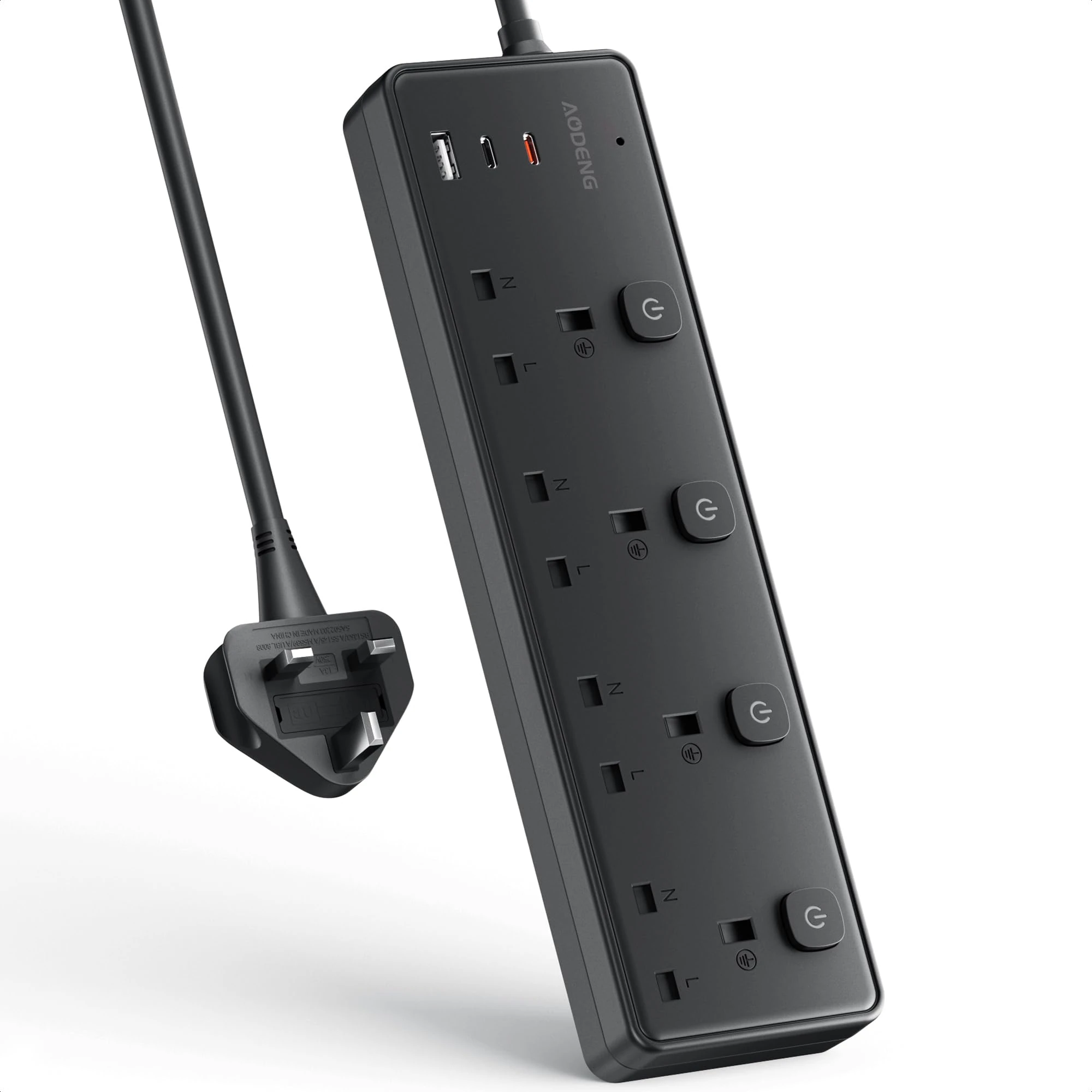 Extension Lead with 3 USB Slots(30W),4 Way Sockets Outlets Ports Extension Cable with 4 Individual Switches Surge Protected，Wall Mountable Extension Socket for Home,Office,School,2M,Black