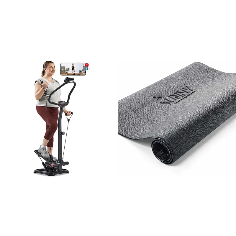 Sunny Health & Fitness Smart 2-in-1 Power Stepper with Resistant Bands & Handlebar + Sunny Health and Fitness Equipment Mat -Extra Small - NO. 074-XS