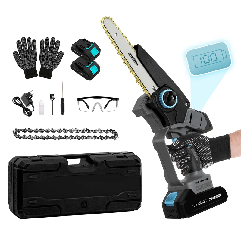 Cecotec MontanaForce 8000 Hand 8" Battery Pruning Saw 8" 21V 1100W, Speed 21500rpm, Button Greaser, Includes 2 Nexus Batteries, Case, Spare Chain and Accessories