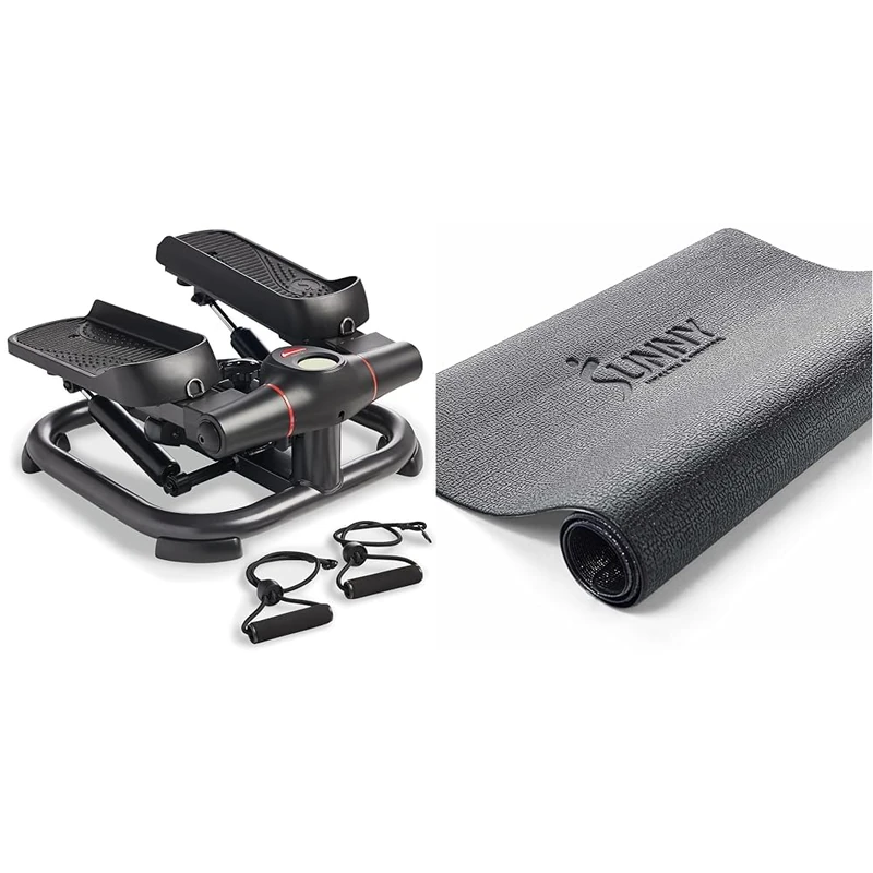 Sunny Health & Fitness 2-in-1 Premium Power Stepper with Resistance Bands + Sunny Health and Fitness Equipment Mat -Extra Small - NO. 074-XS