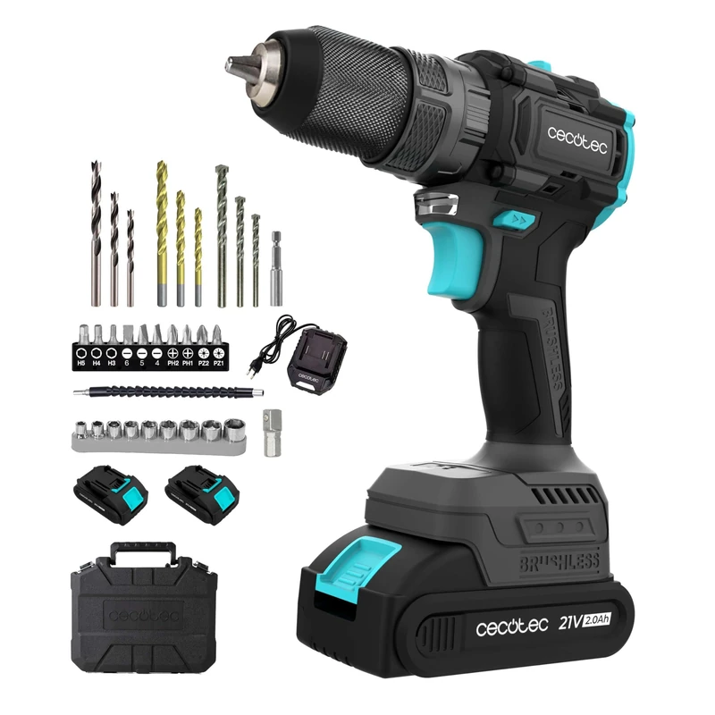 Cecotec Hammer Drill and Driver 2 Batteries 21V-2000mAh PowerForce 3000 Impact Brushless. Brushless Motor, 32000IPM, Speed 1500rpm, Torque Tightening 45Nm Adjustable 25+1 Levels, Light and Accessories