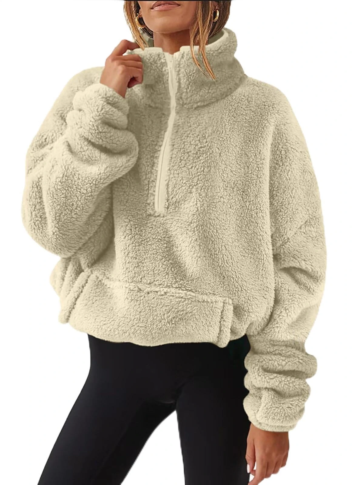 WIEAYUMEI Women Teddy Fleece Jackets Half Zip Teen Girls Sweatshirts Crop Long Sleeve Stand Collar Jumpers Loose Fit Casual Fluffy Pullover Beige L
