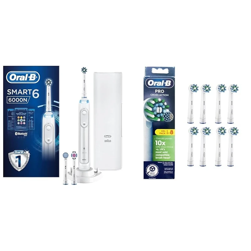 Oral-B Smart 6 Electric Toothbrush, App Connected Handle, 3 Toothbrush Heads & Travel Case, 5 Modes, Teeth Whitening, 2 Pin UK Plug, 6000N + 8 Oral-B Pro Cross Action Electric Toothbrush Heads