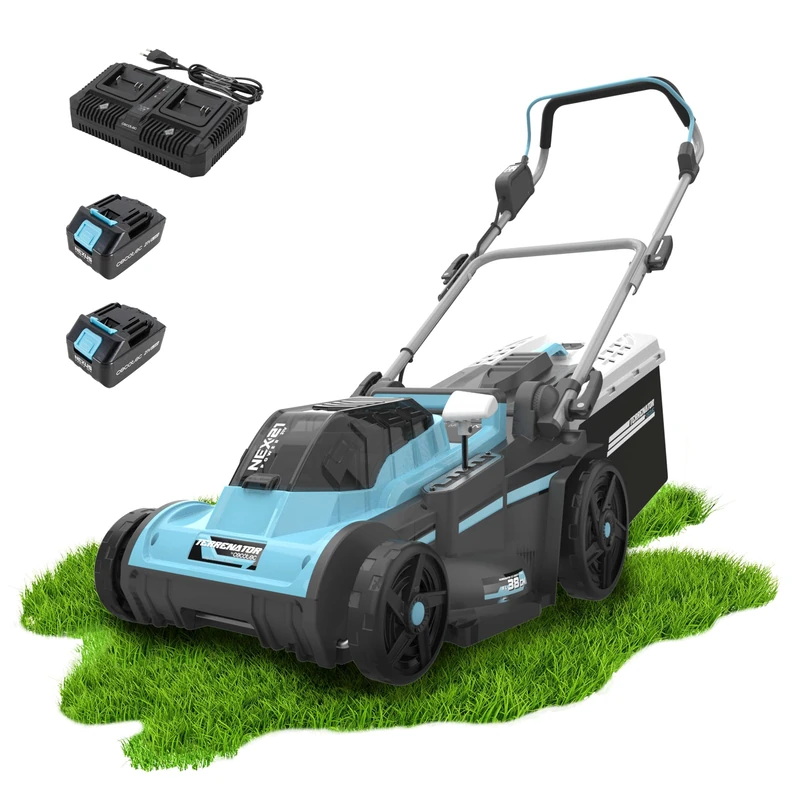 Cecotec Battery Mower Terrenator E3 Liberty Z Plus. Brushless Motor, Operates 2 Batteries 21V 4Ah, Z-Tech System Height Change, Width 38 cm, 3in1 Mulching Rear Wheels XL
