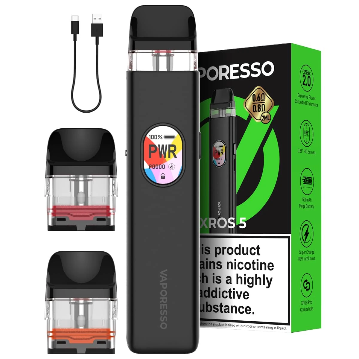 Vaporesso XROS 5 Vape Pod Kit [Cosmic Black] – 1500mAh Battery, Fast Charge in 15 Min (3A), Anti-Leak Tech, 0.88” Display – 2 COREX 3.0 Pods (0.6Ω + 0.8Ω) – Refillable – 10 Colours