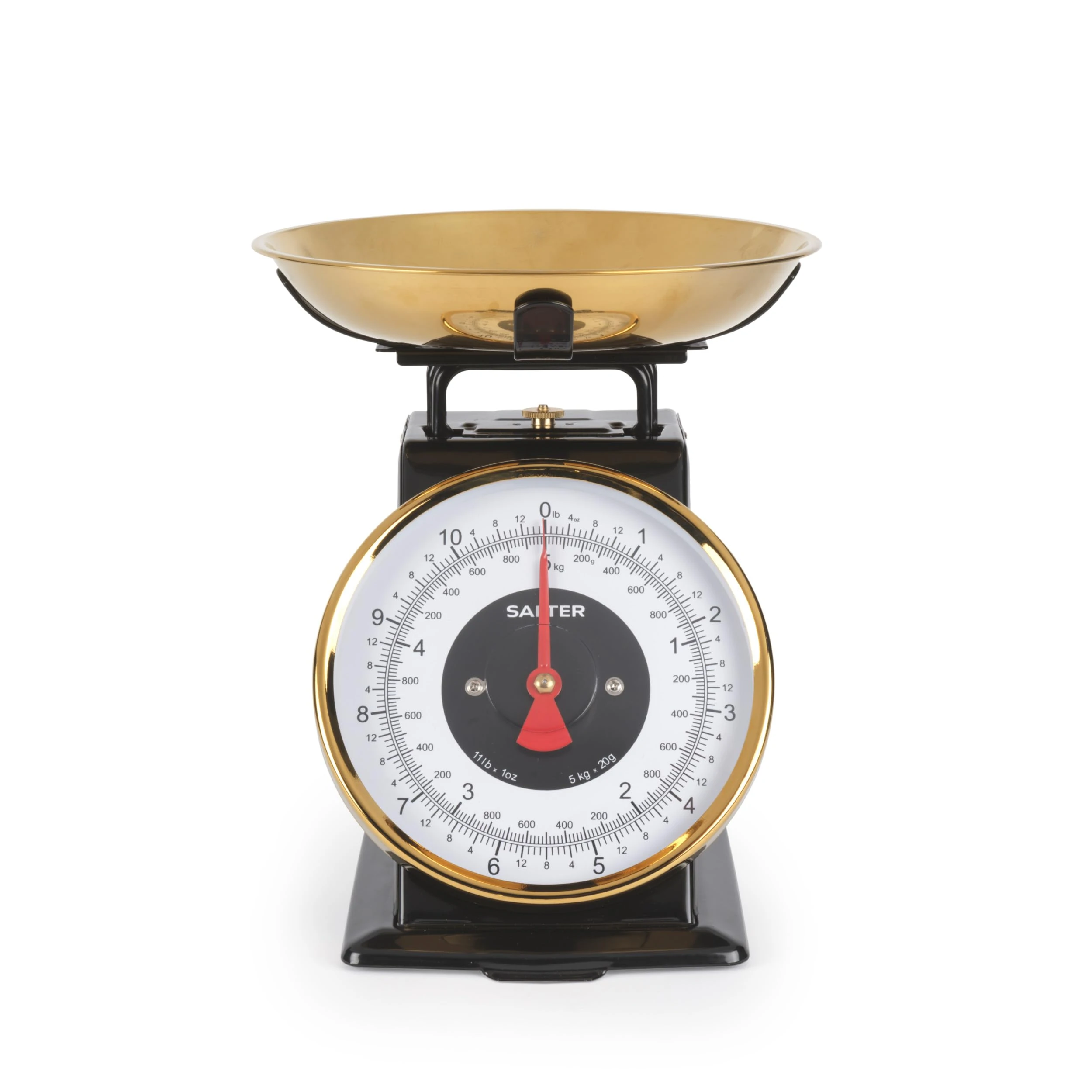 Salter Timeless Kitchen Scale - Mechanical Baking Scale, 5kg/11lbs, 1 Litre Stainless Steel Bowl, 20g/1lbs Increments, Easy Read Large Dial Digits, 25cm Height. No Batteries Needed, Black/Gold
