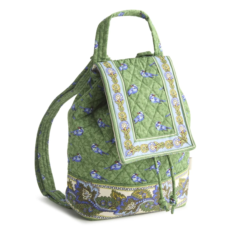 Vera Bradley Women's Premium Cotton Original Drawstring Backpack, Green Birds, One Size