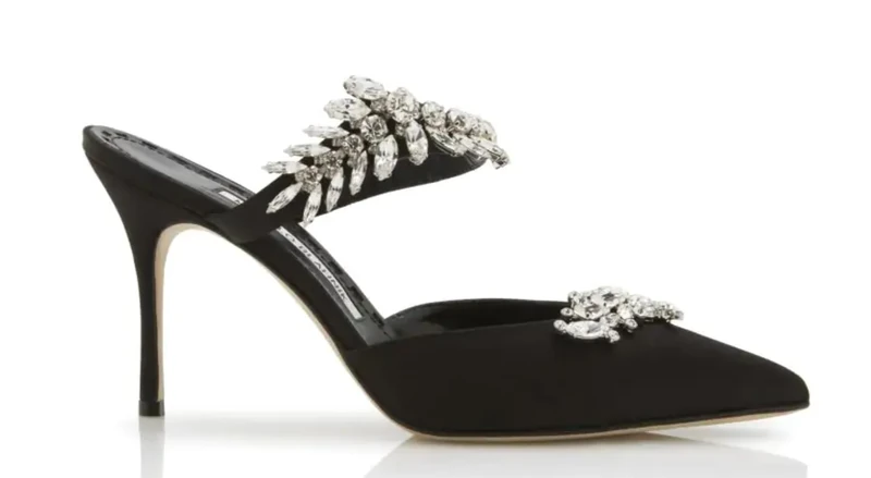 MANOLO BLAHNIK Pre-Loved Black Satin Crystal Embellished Mules