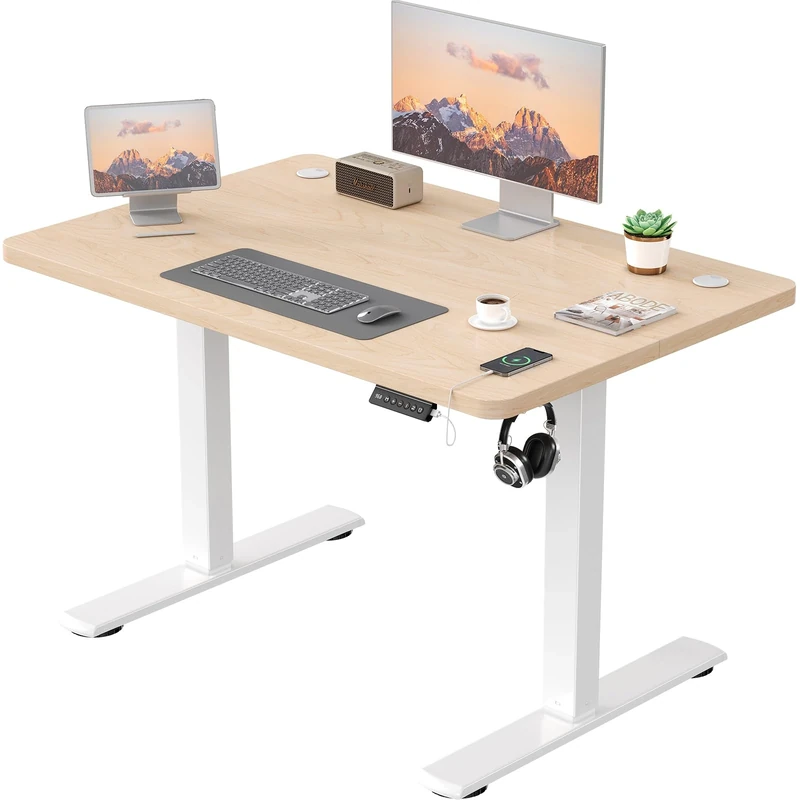 JUMMICO Electric Desk Height Adjustable with USB Charging Port, Height Adjustable Desk, Ergonomic Sit Stand Desks 100 x 60 cm, Beige