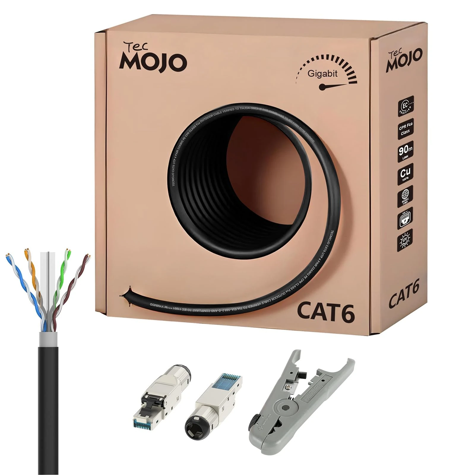 Tecmojo CAT6 UTP Outdoor 50M, Gigabit LAN Ethernet Network Bulk Cable Pure Copper Conductor 23AWG PVC+PE Dual Jacket CPR Fca UV Resist, Black, with Cutting Stripping Tool and RJ45 Field Connectors