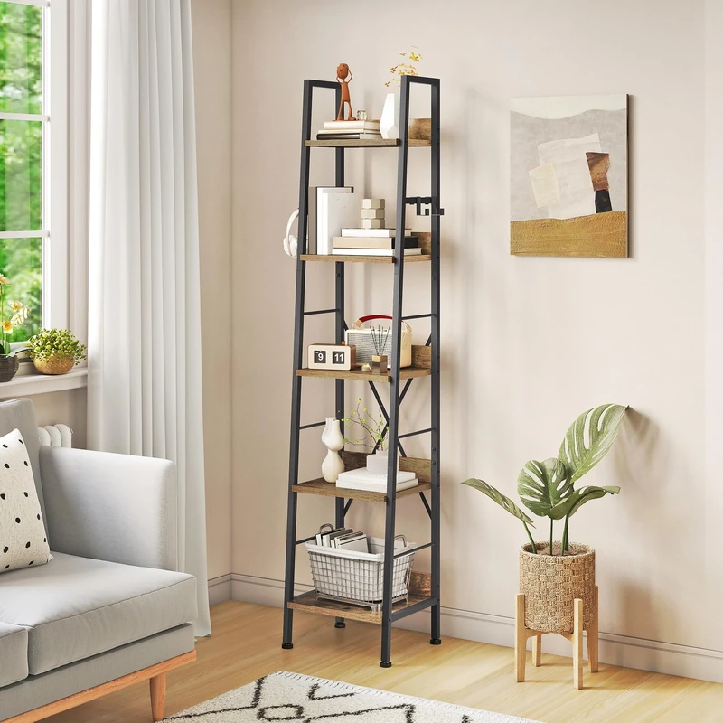 YITAHOME 5 Tiers Bookcase, Tall Narrow Bookcase Thin Book Shelf Wooden Shelves and Metal Frame Book Rack Modern Shelving Unit for Living Room, Hallway, Office, Rustic Brown Bookshelf