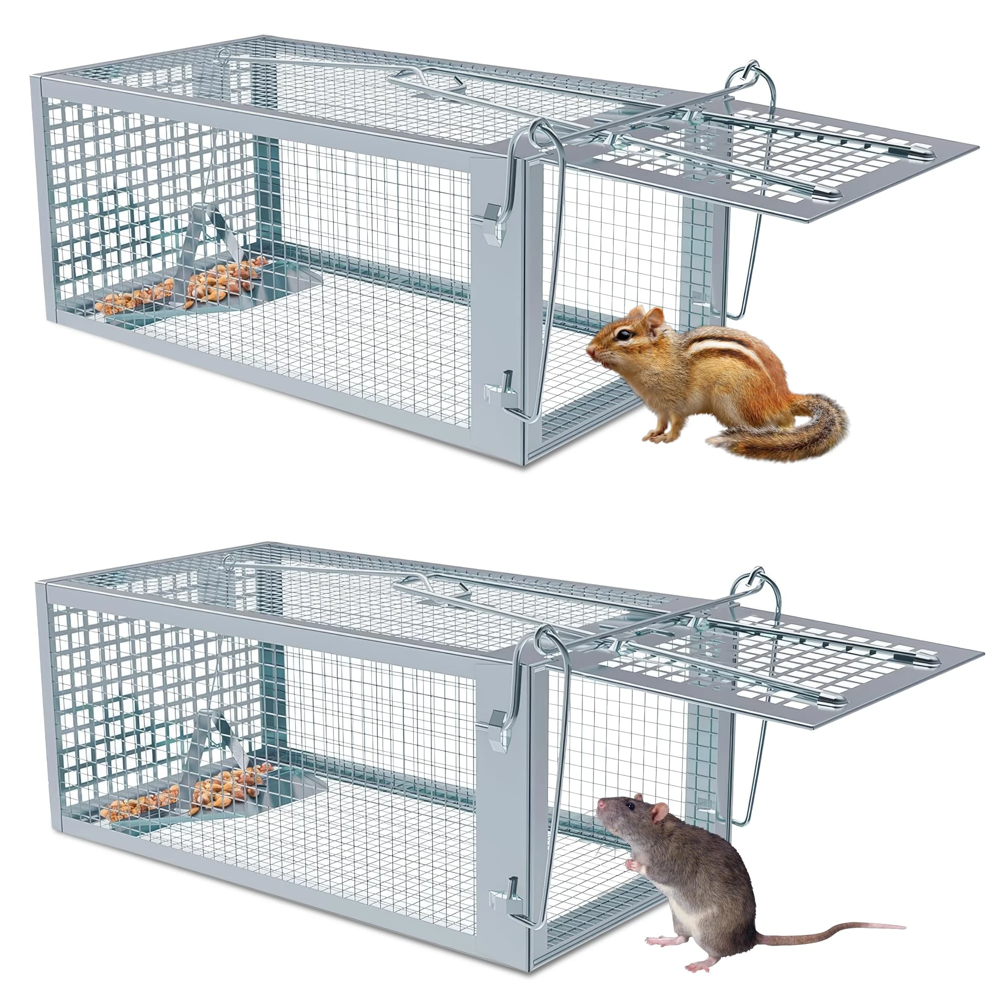 Humane Rat Traps 2-Pack, Large No Kill Small Animal Mouse Squirrel Cage Traps, Vole Mice Live Cage Catch and Release, Chipmunk Rodent Trap That Work for Indoor and Outdoor