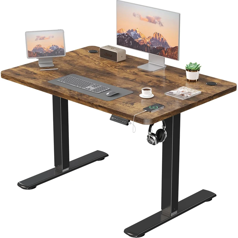 JUMMICO Electric Desk Height Adjustable with USB Charging Port, Height Adjustable Desk, Ergonomic Sit Stand Desks 100 x 60 cm, Brown