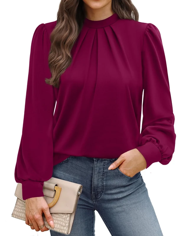 WIHOLL Blouses for Women Long Sleeve Tops Mock Neck Pleated Shirts Ladies Tops Business Loose Fit Size 10-12 Purple