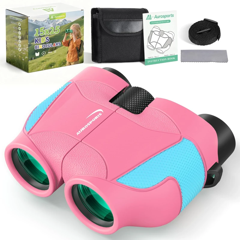 Compact Binoculars for Kids & Adults - Aurosports 15x25 Small Kids Binoculars for Bird Watching, Mini Binocular for Kid 8-12 Educational Learning, Gifts Toys for Boys Girls Sports & Outside Play -Pink