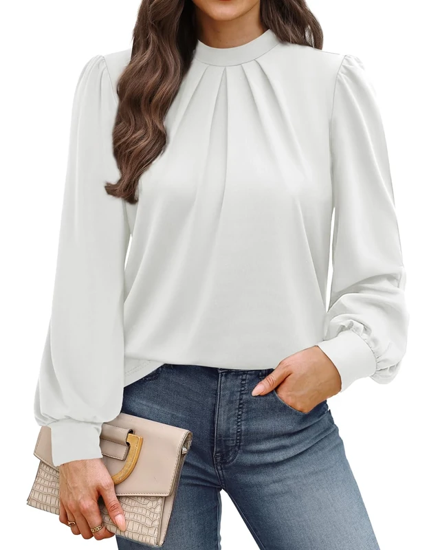 WIHOLL Blouses for Women Long Sleeve Tops Mock Neck Pleated Shirts Ladies Tops Business Loose Fit Size 10-12 White
