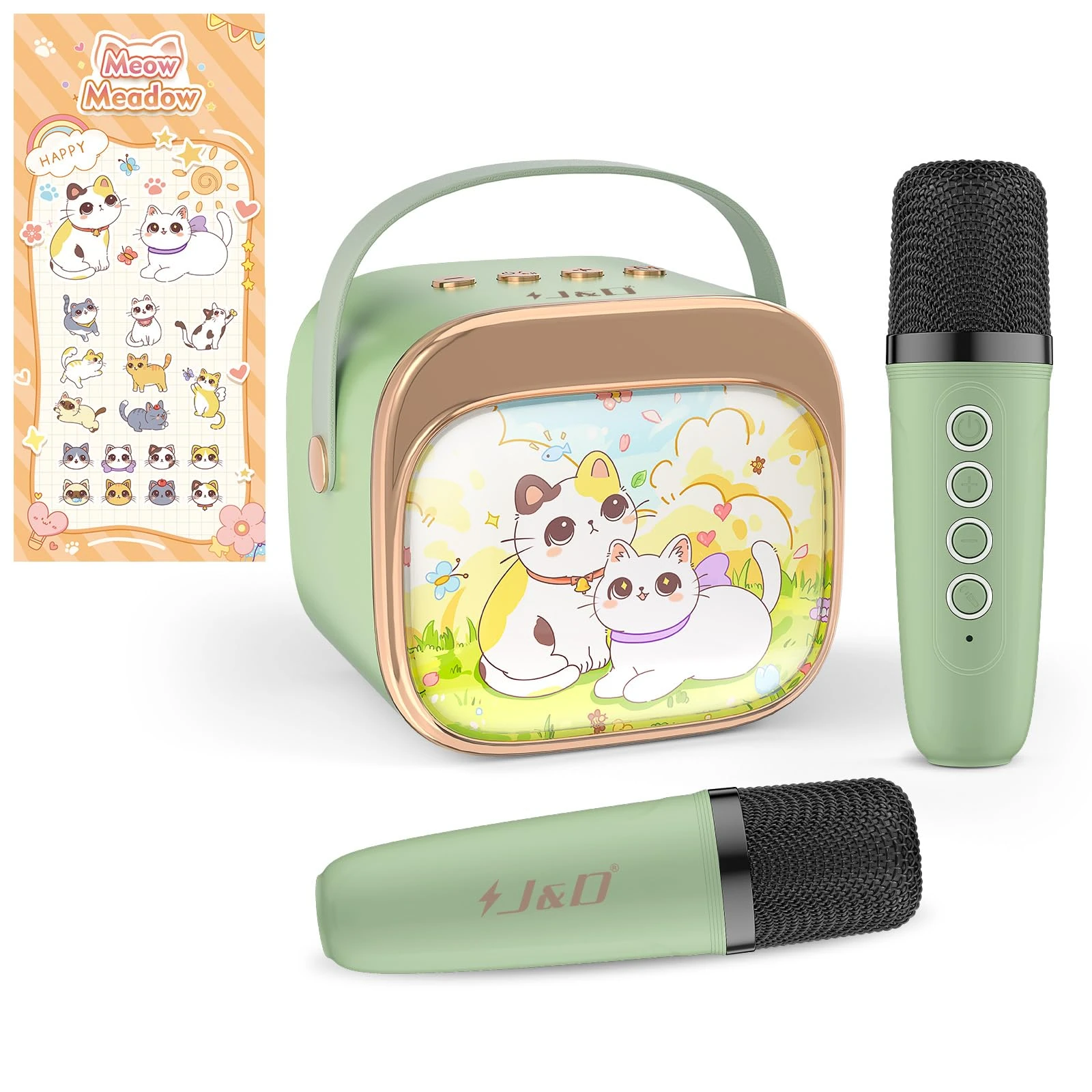 J&D Karaoke Machine 2 Microphones, Mini Karaoke Machine for Kids Teen Adults, Portable Bluetooth Speaker with Colorful LED and Cat Sticker for Girls Boys Age 3–10 Birthday Gifts, Princess Toys, Green