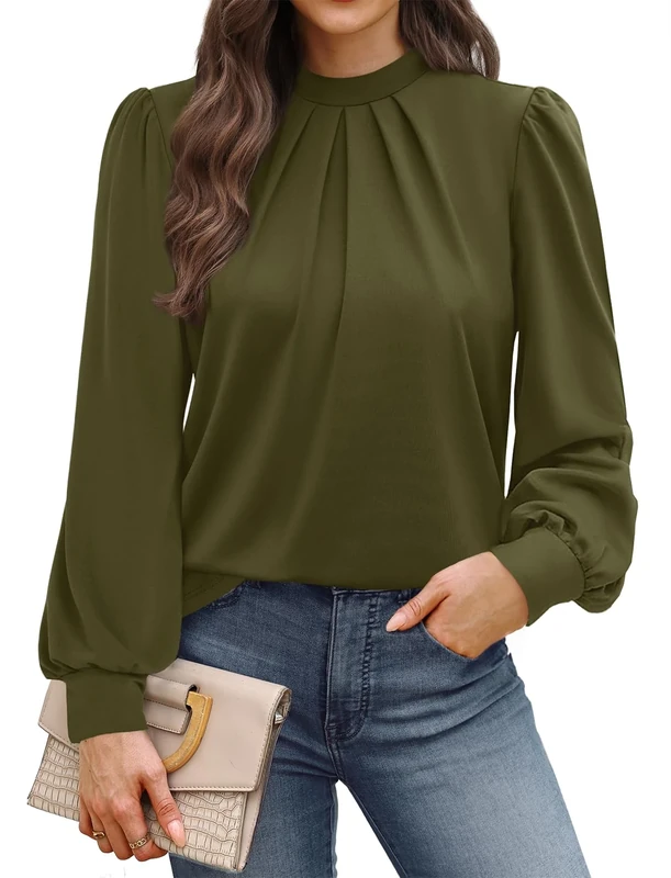 WIHOLL Blouses for Women Long Sleeve Tops Mock Neck Pleated Shirts Ladies Tops Business Loose Fit Size 10-12 Dark Green
