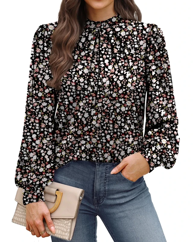 WIHOLL Blouses for Women Long Sleeve Tops Mock Neck Pleated Shirts Ladies Tops Business Loose Fit Size 10-12 Floral