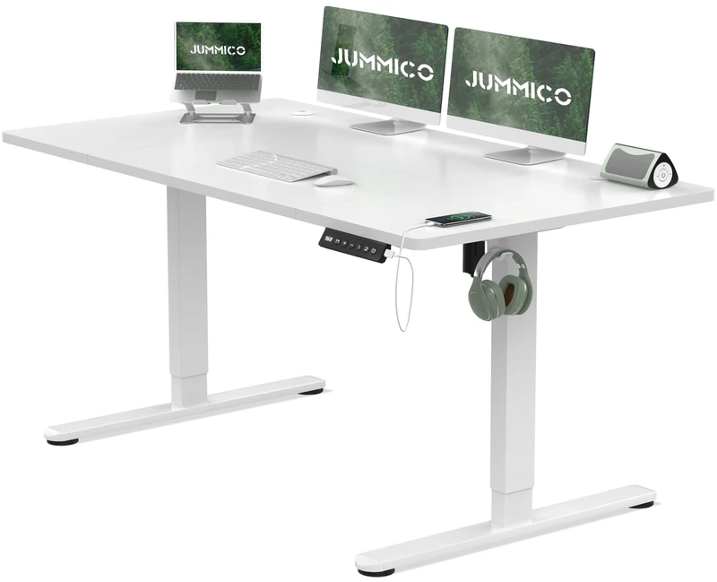 JUMMICO Electric Desk Height Adjustable with USB Charging Port, Height Adjustable Desk, Ergonomic Sit Stand Desks 140 x 60 cm, White
