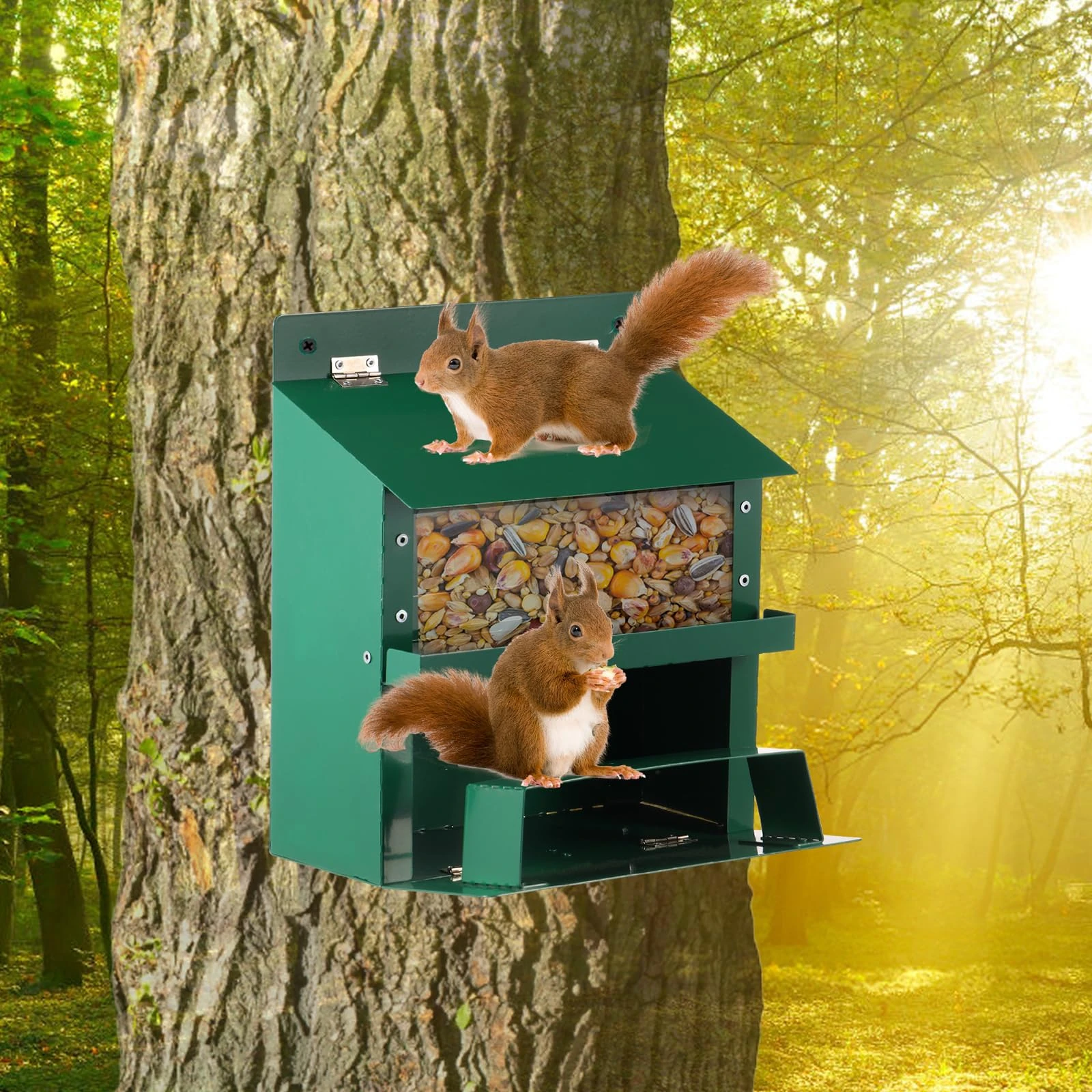 Metal Squirrel Feeder for Outdoors, Large Capacity Heavy Duty Chipmunk Feeding House with Transparent Bin Wildlife Feeding Station for Garden Yard and Outdoors Decoration, Garden Accessories