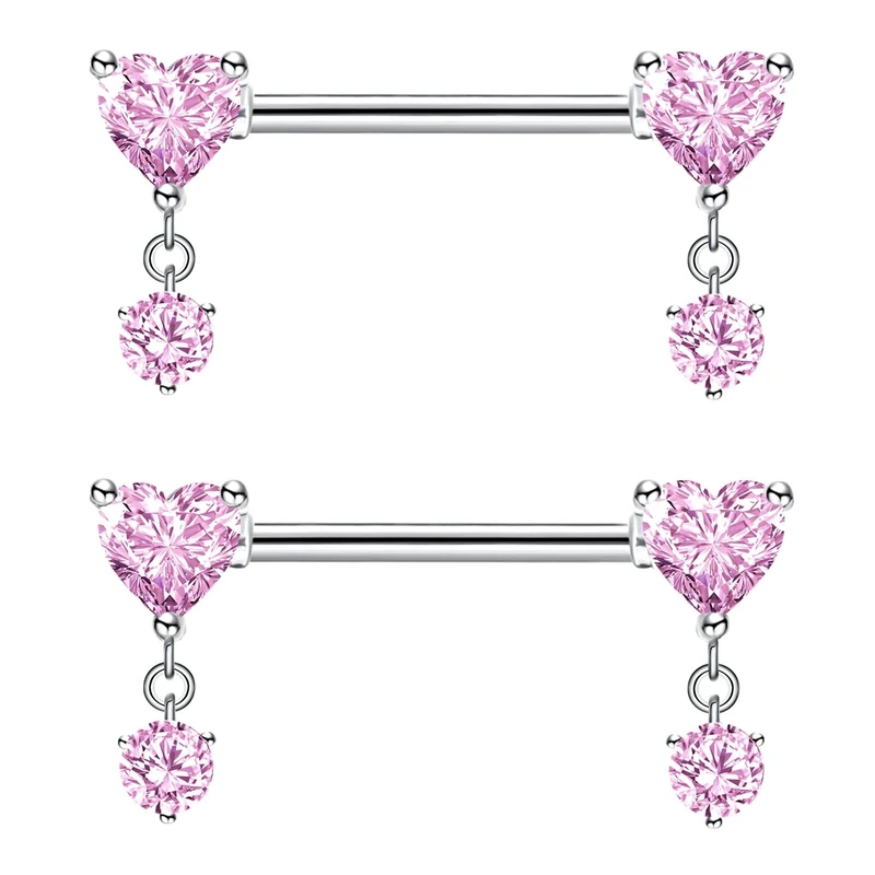 Besyvvin Nipple Bars 14mm Pink Stainless Steel 14G Nipple Rings Heart CZ Dangle Nipple Piercing Jewellery for Women