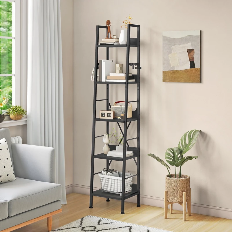 YITAHOME 5 Tiers Bookcase, Tall Narrow Bookcase Thin Book Shelf Wooden Shelves and Metal Frame Book Rack Modern Shelving Unit for Living Room, Hallway, Office, Black Bookshelf